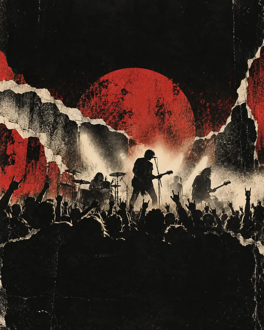 Abstract concert poster artwork with performers and a crowd